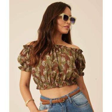 Imagem de Blusa Cropped Ciganinha Feminina Animal Print Marisa-71044, Verde, M