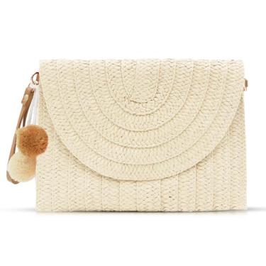 Imagem de QTKJ Bolsas transversais para mulheres, bolsas clutch de palha, pacote envelope de tecido boêmio feito à mão, Bege
