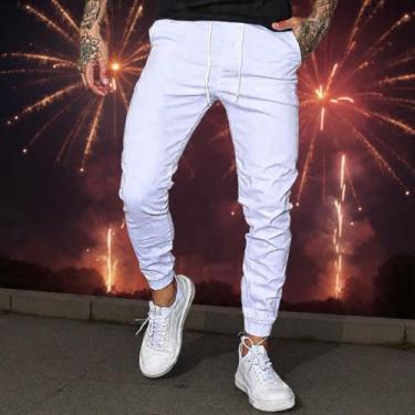 Imagem de Calças Jeans Masculina Jogger Com Punho Elastico - HEJIU, Branco, M