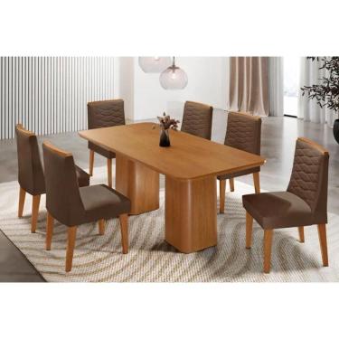Imagem de Sala Jantar Mesa Maldivas Tampo Curvo 180cm+6 Cadeiras Maldivas Madeira Naturale - Capuccino/Suede Marrom - Rufato