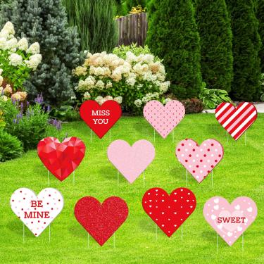 Imagem de X-Kingsun 10 peças de placa de jardim do dia dos namorados com 20 peças de estacas vermelho rosa sinal de coração doce decoração de quintal para casamento, dia dos namorados, casamento, jardim, jardim