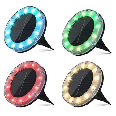 Imagem de 4Pack Luzes de Disco Solar 12LEDs RGB com Mudança Cor IP65 À Prova d Água - Lâmpada Deck no para Pátio Jardim Caminho Gramado Calçada