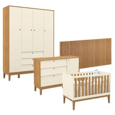 Imagem de Quarto De Bebê Unique 4 Portas Com Cômoda Sapateira E Painel Ripado Off White Freijó Eco Wood - Matic