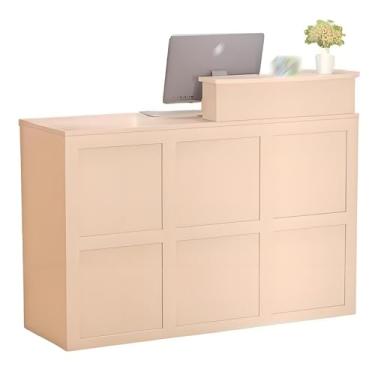 Imagem de Mesa de recepção moderna com gaveta trancável e grande armazenamento - balcão de escritório de caixa de salão com ilhós de cabo - balcão frontal para espaço de varejo - bege, 120 cm