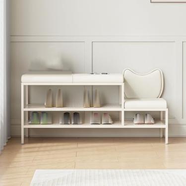 Imagem de Banco de sapatos com assento estofado de tecido, rack de armazenamento de entrada de 80 cm, organizador de fim de cama, sapateira de metal para corredor, sala de estar, banheiro (branco)