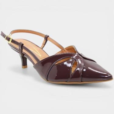 Imagem de Scarpin Vizzano Slingback Bico Fino Verniz Salto Baixo - Marrom Escuro
