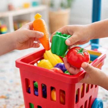 Imagem de Carrinho De Compras Infantil Mercado Brinquedo Com Alimentos 21 Peças 