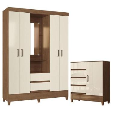 Imagem de Guarda Roupa Solteiro 4 Portas com Pés Capelinha Fit com Cômoda 1 Port