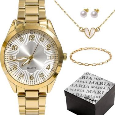 Imagem de Relogio aco inox feminino + colar brincos + pulseira caixa dourado ino
