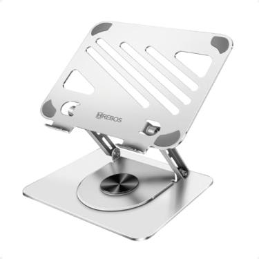 Imagem de Suporte para Notebook em Alumínio e Metal, Base Giratória 360°, Ajustável com Inclinação 180°, Acabamento Premium, Dobrável, Cor prata, Proteções em silicone anti-derrapante, universal