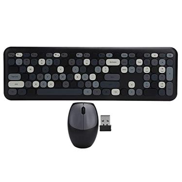Imagem de ASHATA Combinação de mouse de teclado sem fio, 2,4 G Conjunto de mouse para teclado de escritório sem fio, teclado e mouse estilo retrô redondo colorido, teclado de 110 teclas (preto)