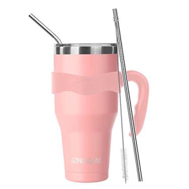 Imagem de Ezprogear Caneca rosa de aço inoxidável de 1,18 l com parede dupla isolada a vácuo com canudos e alça (1,13 g, rosa)