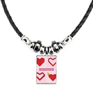 Imagem de DIYthinker Colar de origami vermelho abstrato de coração de Natal joia Torque pingente de corda de couro