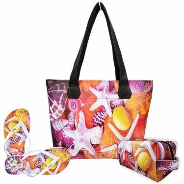 Imagem de Kit Praia Feminino Estrelas-do-Mar com Bolsa, Necessaire e Chinelo, Magicc