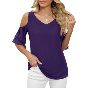 Imagem de LOMON Blusa feminina verão 2024 com ombro vazado manga curta túnica casual gola V malha blusas de camada dupla, Roxo (Soild purple), P