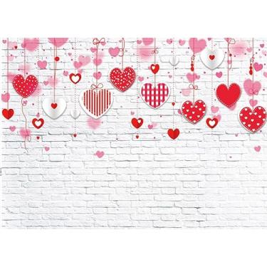 Imagem de LTLYH 17,78 cm x 14,36 cm Dia dos Namorados tijolo branco parede corações vermelhos amor aniversário festa de casamento pano de fundo 088, 7x5ft
