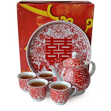 Imagem de Conjunto de chá chinês de porcelana, bule de chá, 4 xícaras, bandeja para adultos, homens, mulheres, cerimônias de chá, festa de casamento, decoração de casa (felicidade dupla (xi))