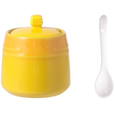 Imagem de Kichvoe Açucareiro com tampa e colher jarra de açúcar de cerâmica pote de condimento de porcelana recipiente de açúcar caixa de tempero para cozinha doméstica café bar amarelo