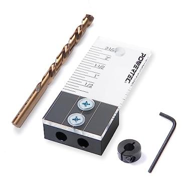 Imagem de POWERTEC Gabarito de perfuração de cavilha 71716 com marca de testemunha cortada a laser, escala de profundidade incluída, broca cobalto M-35 e colar de parada de anel dividido, 9,5 mm