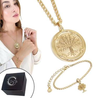 Imagem de Kit Colar e Pulseira Elo Português Árvore Da Vida Banhado Ouro - GRANA