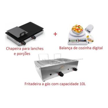 Imagem de Kit Lanchonete - Chapa Com Prensa, Fritador 2 Cubas + Balança digital 