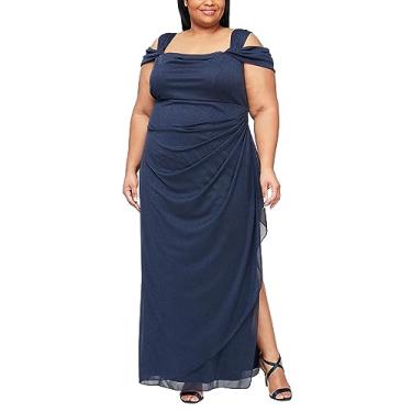 Imagem de Alex Evenings Vestido feminino plus size longo ombro vazado com saia franzida, Glitter azul-marinho escuro, 54