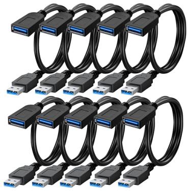 Imagem de SaiTech IT Pacote com 10 cabos de extensão USB 3.0 de comprimento curto, extensor USB 3.0 A macho para fêmea, cabo de extensão USB a granel USB