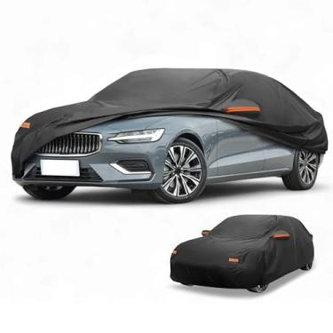 Imagem de Partuto Capa de carro à prova d'água para todos os climas, automotiva, externa, anti-UV, proteção solar e chuva, cobertura externa completa para Volvo S60 Sedan 190T-PU preta com tiras refletoras