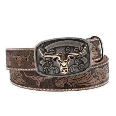 Imagem de Cinto Country Masculino Estampado Couro Fivela Boi com Fivela Grande -