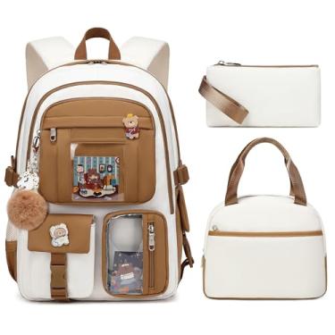 Imagem de LXYGD Mochilas para laptop, mochila escolar de 40,6 cm, mochila universitária, 3 peças com lancheira, conjunto de lápis, mochila grande de viagem, mochilas kawaii, para adolescentes, meninas, mulheres