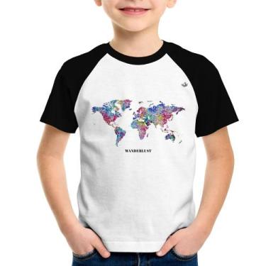 Imagem de Camiseta Raglan Infantil Mapa mundi mosaico - Foca na Moda, Branco, Pr