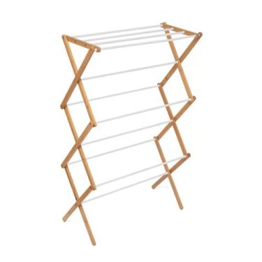 Imagem de Varal vertical de chão Dobrável Em Bambu Com Hastes Metálicas 3 andare