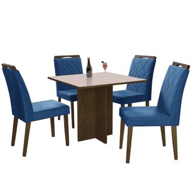 Imagem de Mesa de Jantar Los Angeles 120x80cm com 4 Cadeiras Minas Plac Cor Canela Off White com Tecido Azul