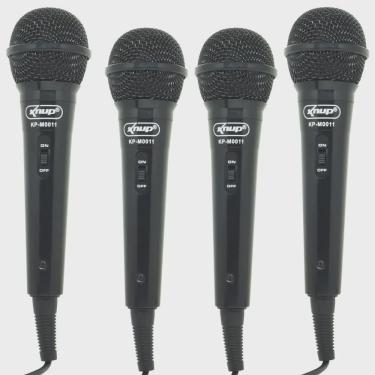 Imagem de Kit 4 Microfones Dinâmico c/ Fio P10 P2 Cabo 2,8 Metros Karaokê e Caixa de Som Knup KP-M0011 Preto