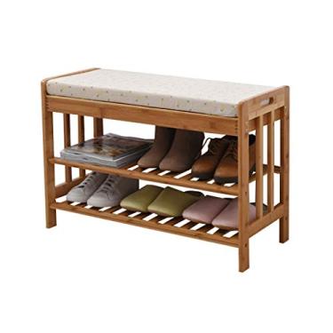 Imagem de Sapateira, sapateira, sapateira, sapateira, banco de sapato espesso na porta pode sentar banco de sapatos varanda armário de armazenamento de madeira maciça de bambu 80,5 x 30 x 50 cm (B 1) (B 1)