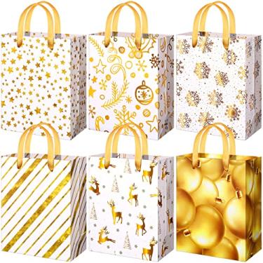 Imagem de 12 peças de sacos de presente de Natal com alças de fita, sacos de atacado de feriado de Natal com estampas de Natal, sacolas de guloseimas de Natal para lembrancinhas de festa de inverno de ano novo, 23 x 17 x 10 cm (folha dourada)