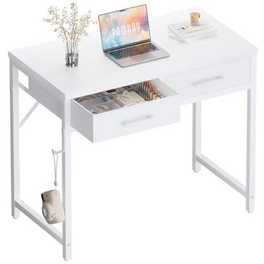 Imagem de Pamray Mesa de computador pequena de 81 cm com 2 gavetas para quarto, estudo, escrita, mesa de escritório em casa para espaços pequenos, branca