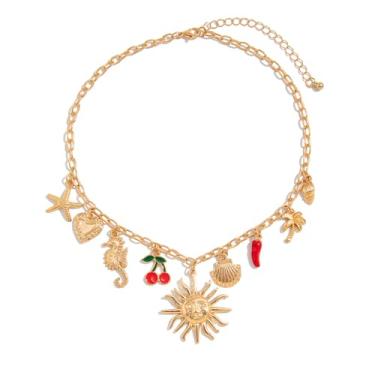 Imagem de PINK TOWN Colar de ouro Vintgae para mulheres, boho Havaí cerejeira/sol/limão/pimenta/morango, gargantilha fofa de verão para praia, joia Y2K, Large, Liga de aço, Sem Pedra Preciosa