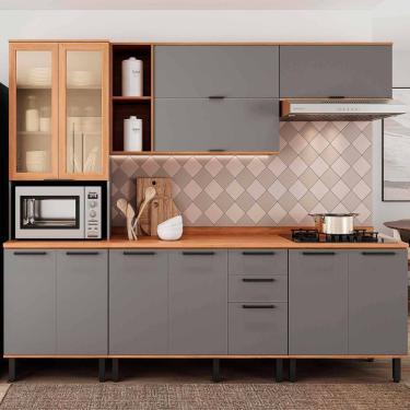 Imagem de Armário De Cozinha Castanha 2700mm Paneleiro C/ Vidro 5 Peças - Cinza/freijó