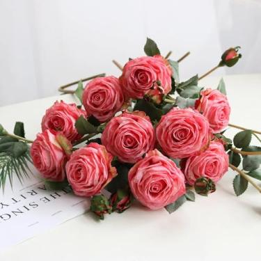 Imagem de 1 maço de 2 peônias artificiais europeias, rosas de chá, camélias, flores artificiais de seda, faça você mesmo, decoração de jardim para casamento (farinha de pêssego)