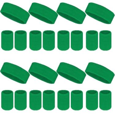 Imagem de O conjunto de 24 faixas de suor neon inclui 8 faixas esportivas e 16 pulseiras de algodão neon dos anos 80 para academia, tênis, basquete, corrida, exercícios (verde escuro)