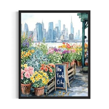Imagem de Impressão artística de pôster do mercado de flores da cidade de Nova York, fundo do horizonte da cidade, decoração floral para quarto, arte de banheiro 38 (cidade de Nova York, 20 x 25 cm, sem moldura