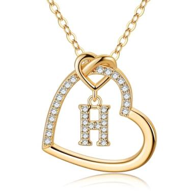Imagem de Colar com inicial com pingente de coração de zircônia cúbica, colar com inicial de coração preenchido em ouro 14 K para mulheres adolescentes, colar de letras delicadas para mulheres, crianças, meninas, joias de coração fofo, joias para presentes para meninas
