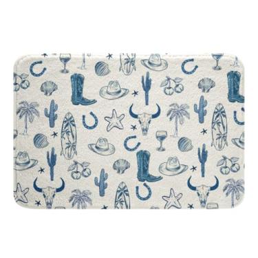 Imagem de jejeloiu Tapetes de banheiro caubói 40,6 cm x 61 cm tapetes de banho infantil azul ocidental chapéu botas ferradura concha acessórios de banheiro capachos