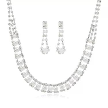 Imagem de Conjunto Colar Brinco Choker Gargantilha Pérola Zircônia Cúbica Prateado Branco - Casamento Festa Formatura Debutante - Presente Noiva Namorada Mãe - Minimalista Elegante