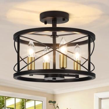 Imagem de TOULMJ Luminária de teto moderna de 4 luzes, iluminação de teto de montagem semiembutida em ouro preto, luminárias de corredor para cozinha, ilha, entrada, lavanderia, hall de entrada