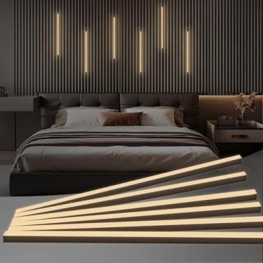 Imagem de HAMRVL Kit de iluminação embutida de LED preto - 6 peças de 40,6 cm DC12V luz LED branca com interruptor inteligente, luzes de parede de LED autoadesivas 3000K para painéis de parede de ripas de