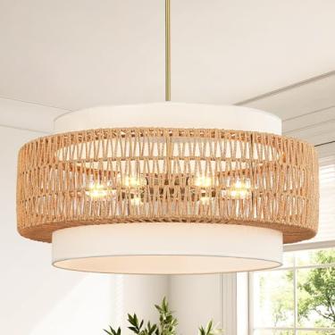 Imagem de Lustre de vime Boho de 6 luzes, luminária pendente de vime grande de 65 cm com sombra de tecido, lustre tecido à mão para casa de fazenda, luz de teto suspensa para sala de jantar, sala de estar, ilha