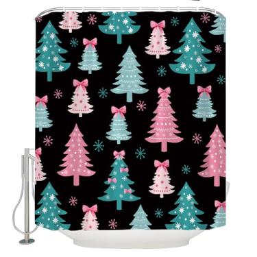 Imagem de JWJAMM Cortina de chuveiro de árvore de Natal com laço de inverno linda rosa verde árvore de Natal arco floco de neve feriado Feliz Natal Ano Novo tecido preto decoração de banheiro cortina com