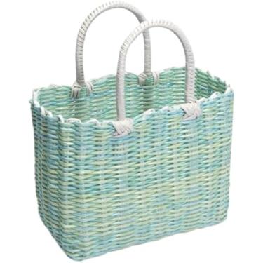 Imagem de Cesta De Piquenique De Vime, Cesta De Vegetais Portátil, Cesta De Compras Tecida, Cesta De Frutas De Armazenamento Artesanal De Vime De Plástico, Cesta De Piquenique, Cesta D, Green, 27 * 21cm